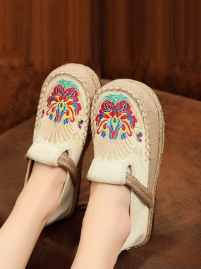 Cross Country Shoes For Flat Feet Women Summer Ethnic Embroidery Cloth Linen Flat Shoes AH1011