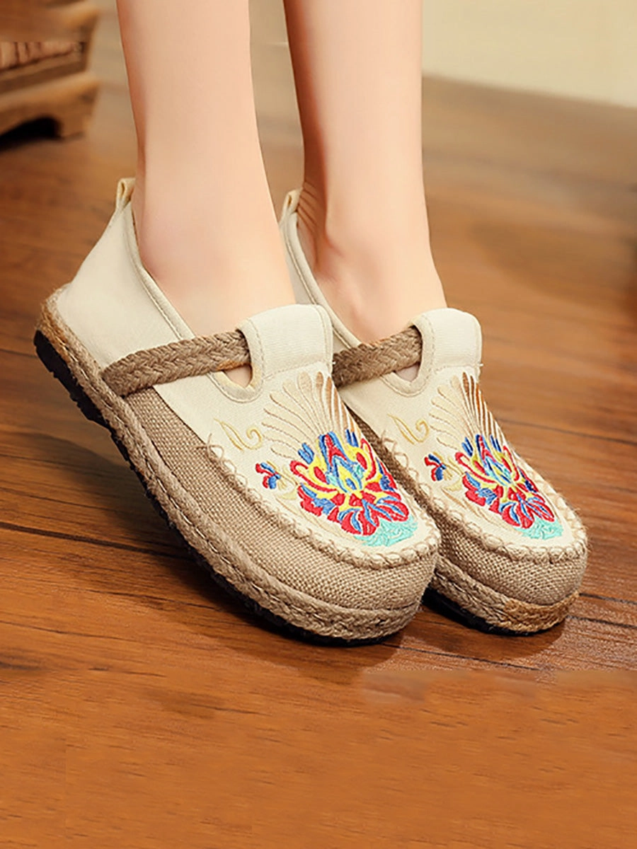 Women Summer Ethnic Embroidery Cloth Linen Flat Shoes AH1011
