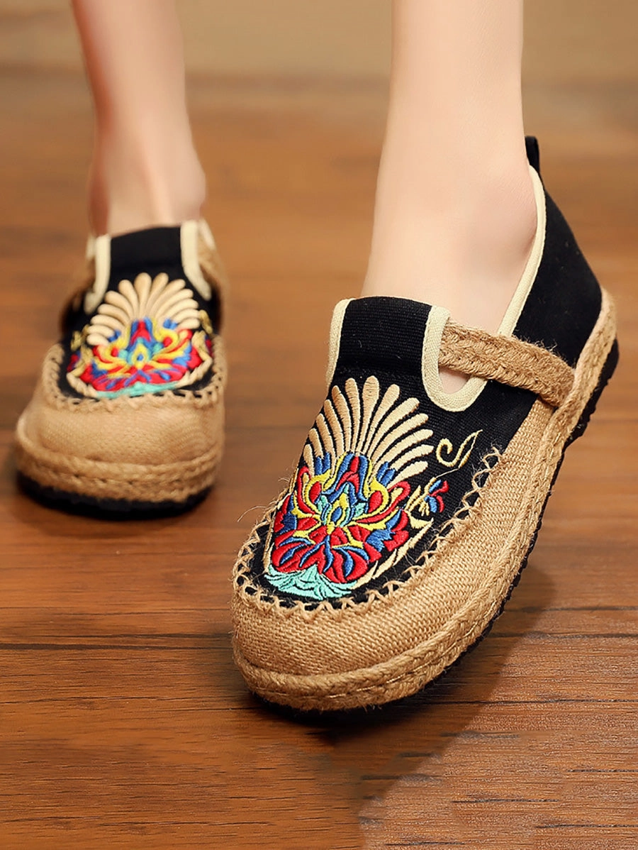 Women Summer Ethnic Embroidery Cloth Linen Flat Shoes AH1011 Flat Washable Shoes