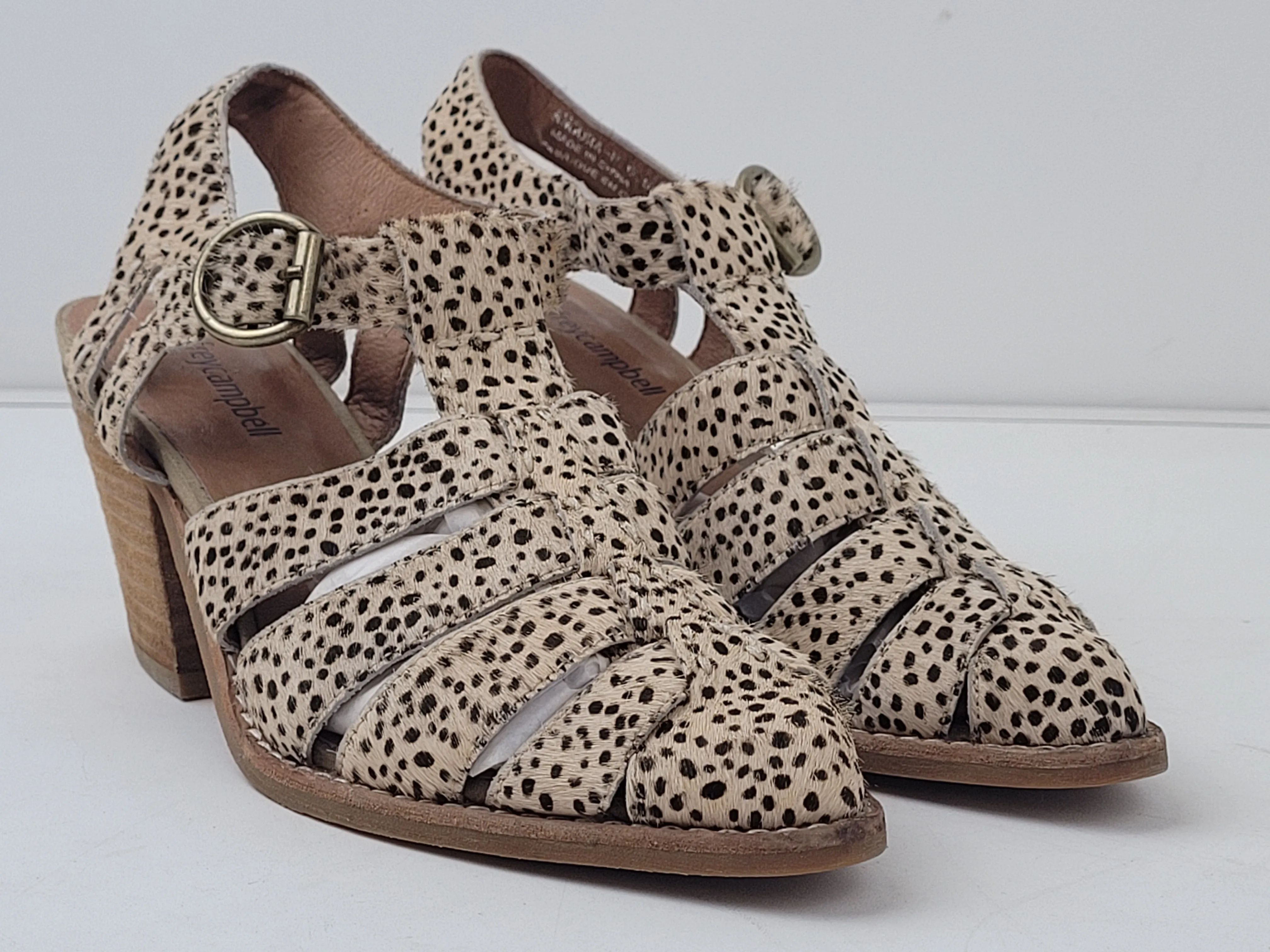 Jeffrey Campbell Leopard Print Calf Hair Strappy Bootie Heels Sz 6.5 EUC Shoes To Wear With Denim Dress