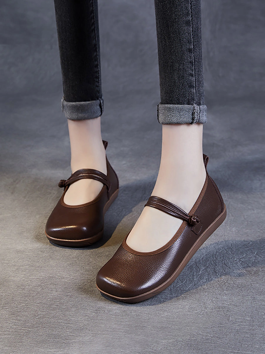 Women Casual Solid Leather Square Toe Flat Shoes AT1040