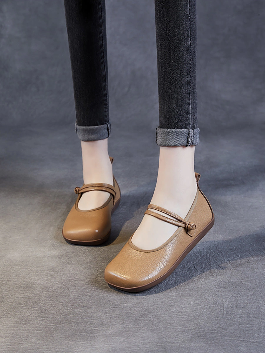 Flat Feet Shoe Wear Women Casual Solid Leather Square Toe Flat Shoes AT1040