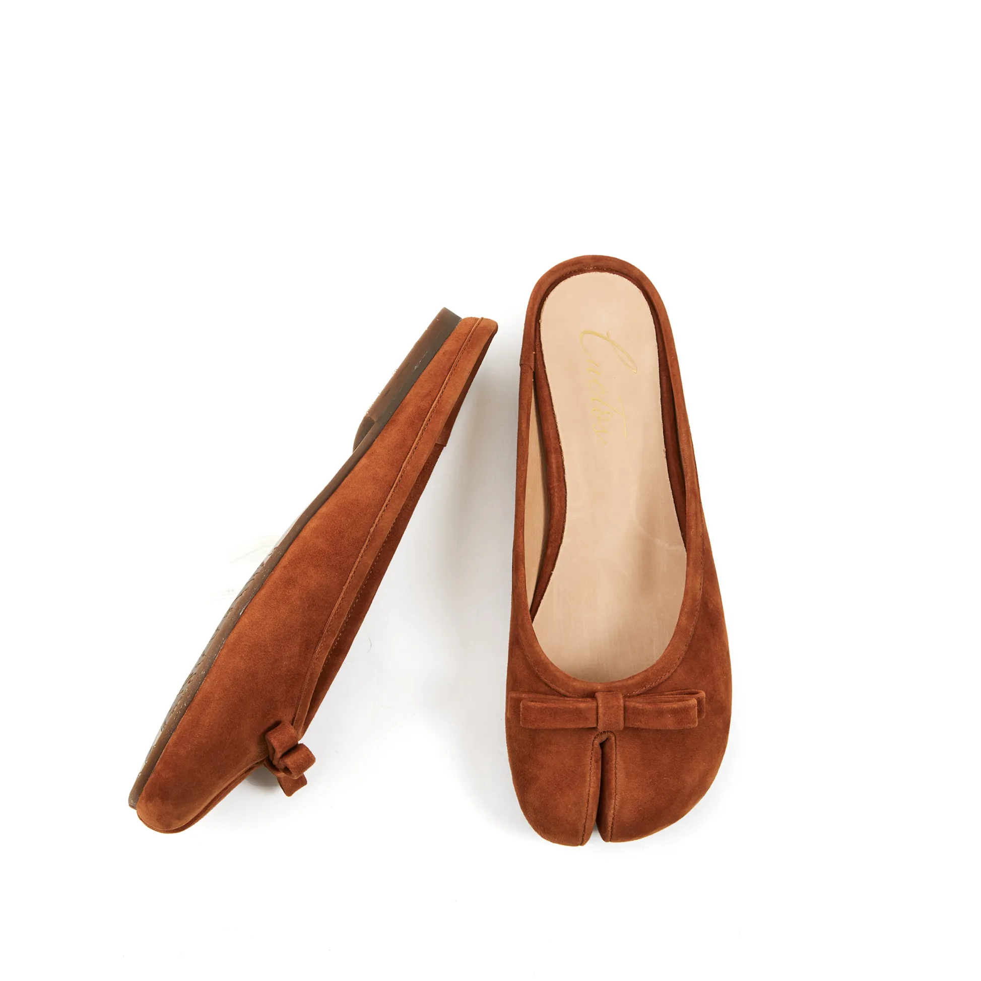 Flats Sandals Tabitha Flat Tabi Mule in Kid Suede- Burnt Umber