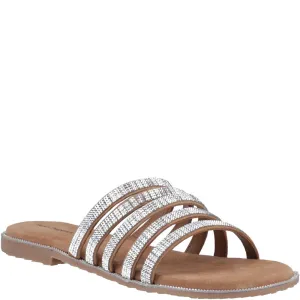 Tan/Silver Paris Slide Sandals Flat Shoes With Rhinestones