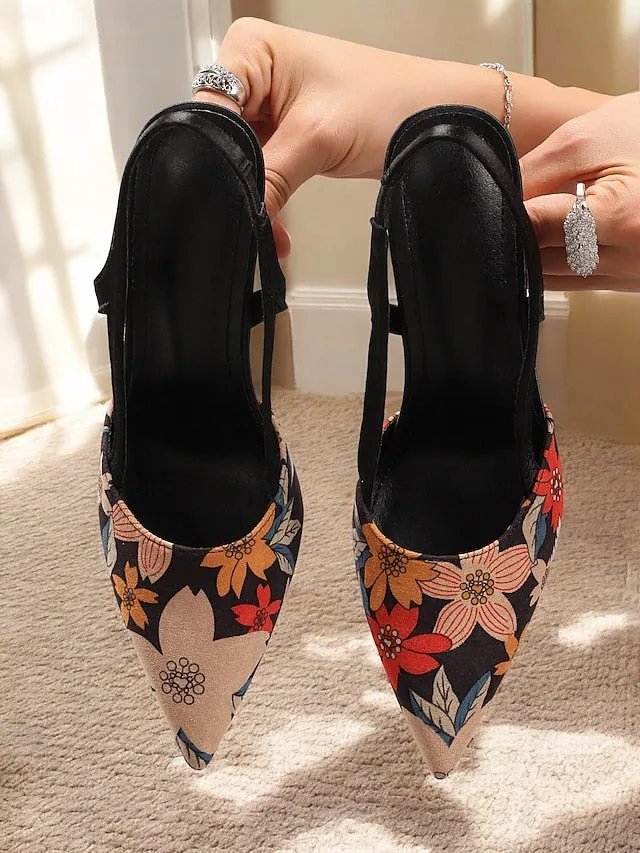 High Heels Boots Stiletto Toe  Pointed Slingback Heels Elegant Floral High Women's