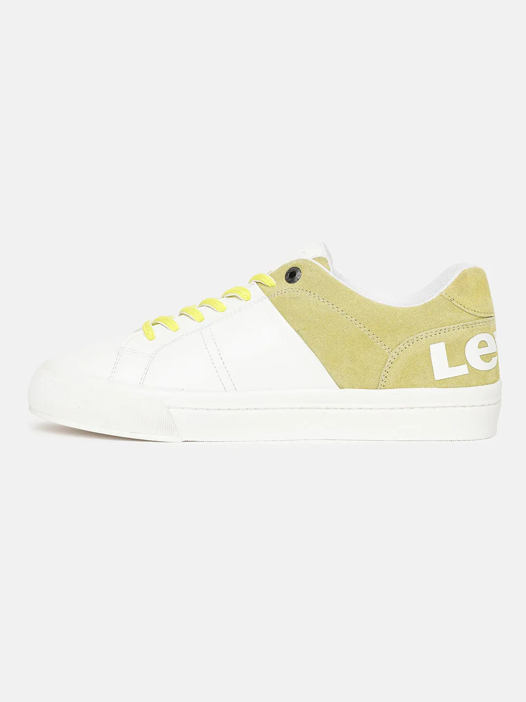 Men's White And Yellow Colorblock Shoes Sneakers With Black Soles