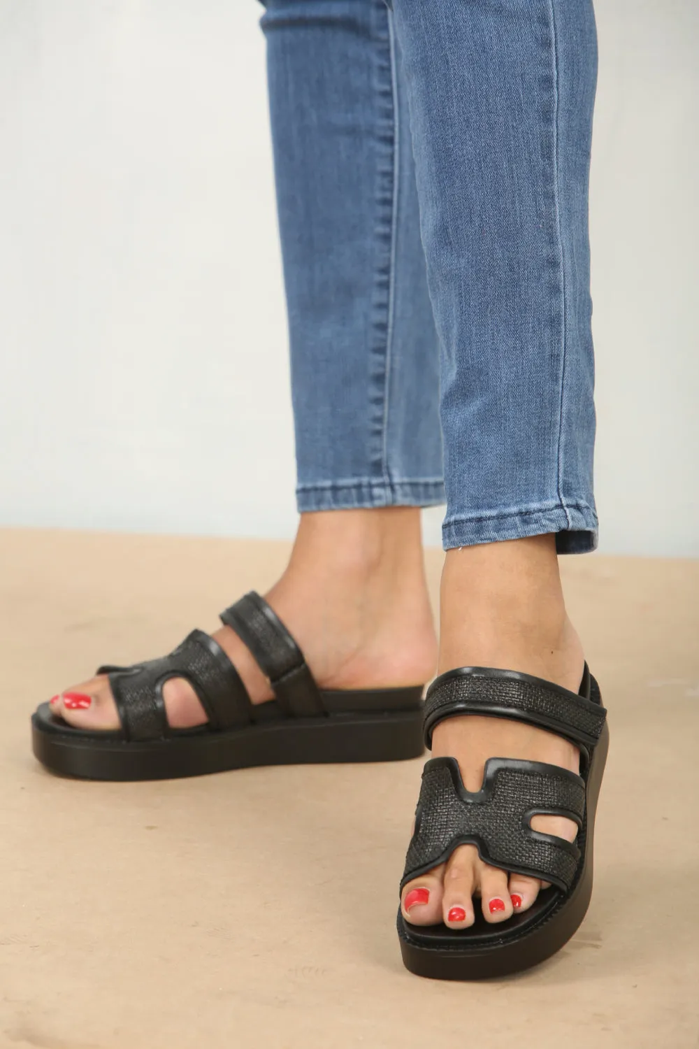 Platform Sandals With Straps Black Raffia Flatform Designer Strap Sandals (PACK B)