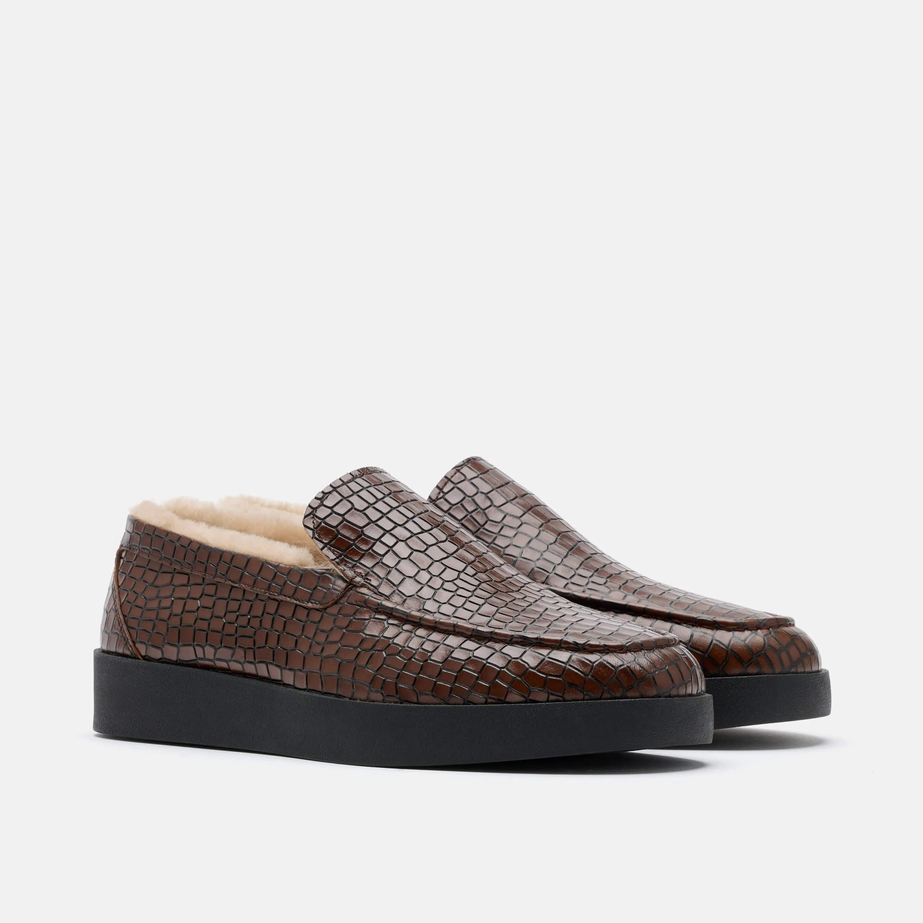 Thick Soled Loafers Remy Brown Croc Leather and Shearling Loafers
