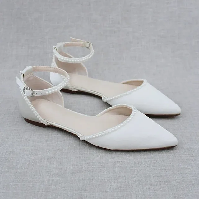 Flat White Women's Toe Shoes Pearl-Embellished with Pointed Flat Feet Stability Shoes