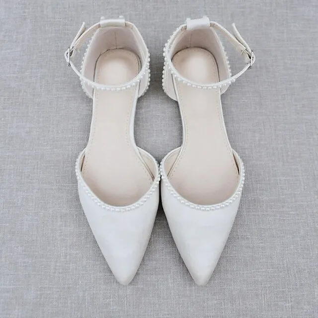 Flat White Women's Toe Shoes Pearl-Embellished with Pointed Flat Shoes With Strings