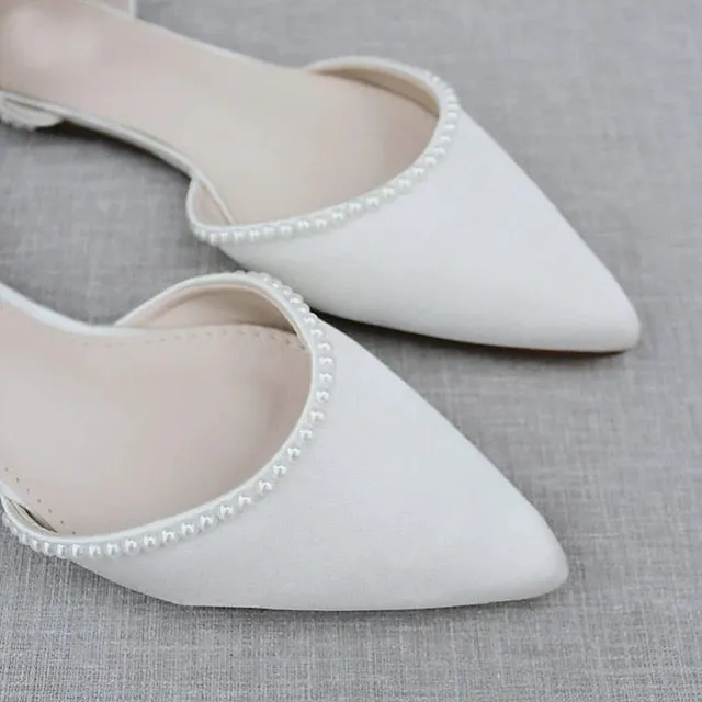 Flat White Women's Toe Shoes Pearl-Embellished with Pointed Crane Shoes Flats
