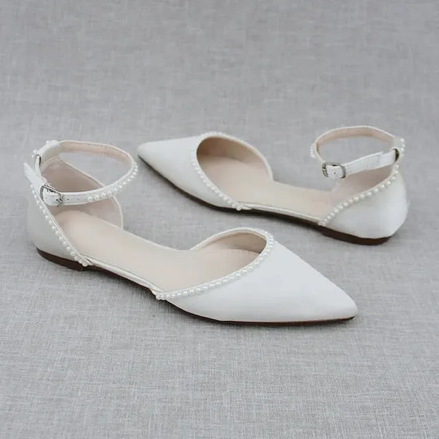 Flat White Women's Toe Shoes Pearl-Embellished with Pointed Best Shoes With Arch Support