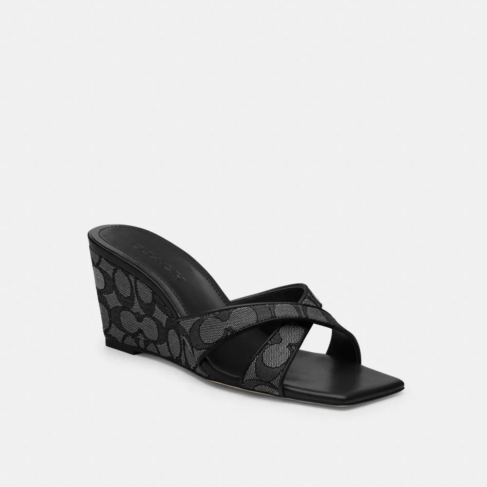 Coach Wedge Sandal In Signature Jacquard Smoke Coal Black Sandals Tribute