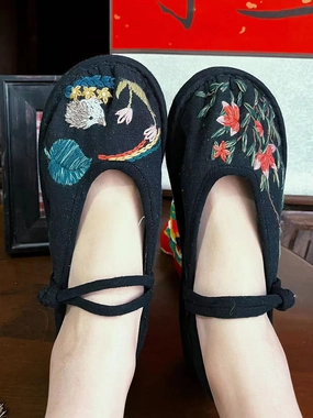 Women Summer Ethnic Embroidery Linen Flat Shoes II1022 Flat Black Dress Shoes