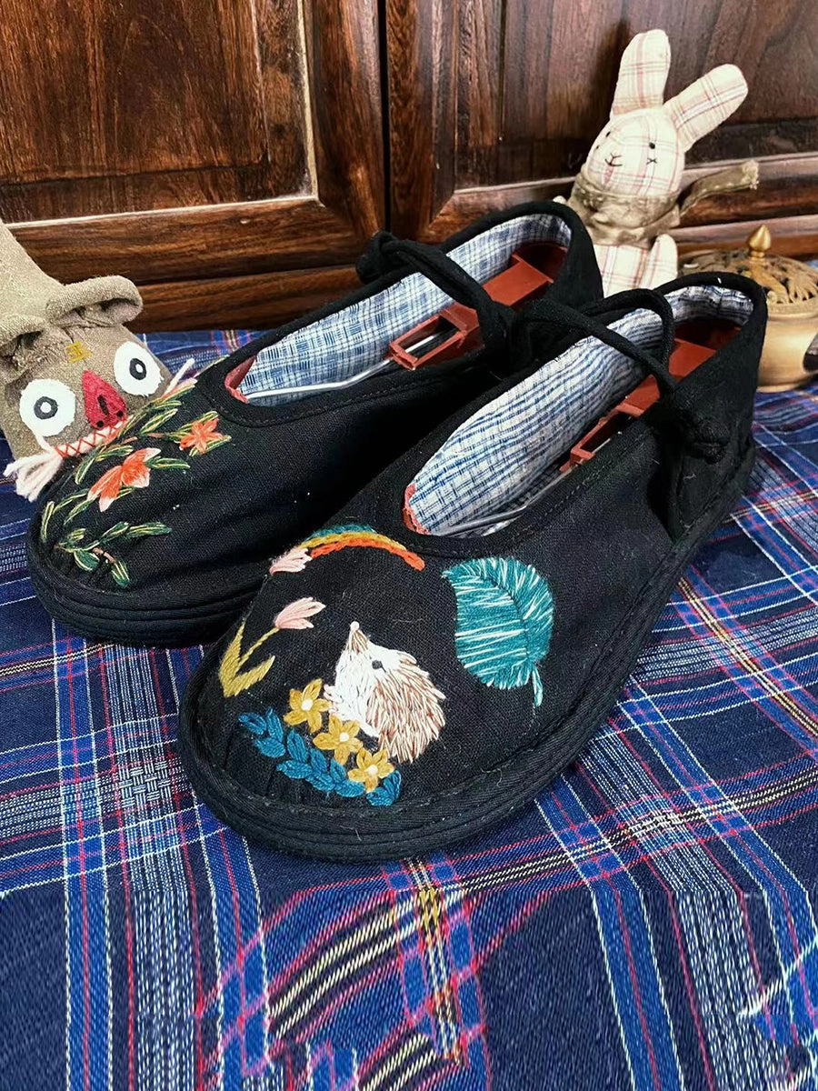 Flat Wide Dress Shoes Women Summer Ethnic Embroidery Linen Flat Shoes II1022