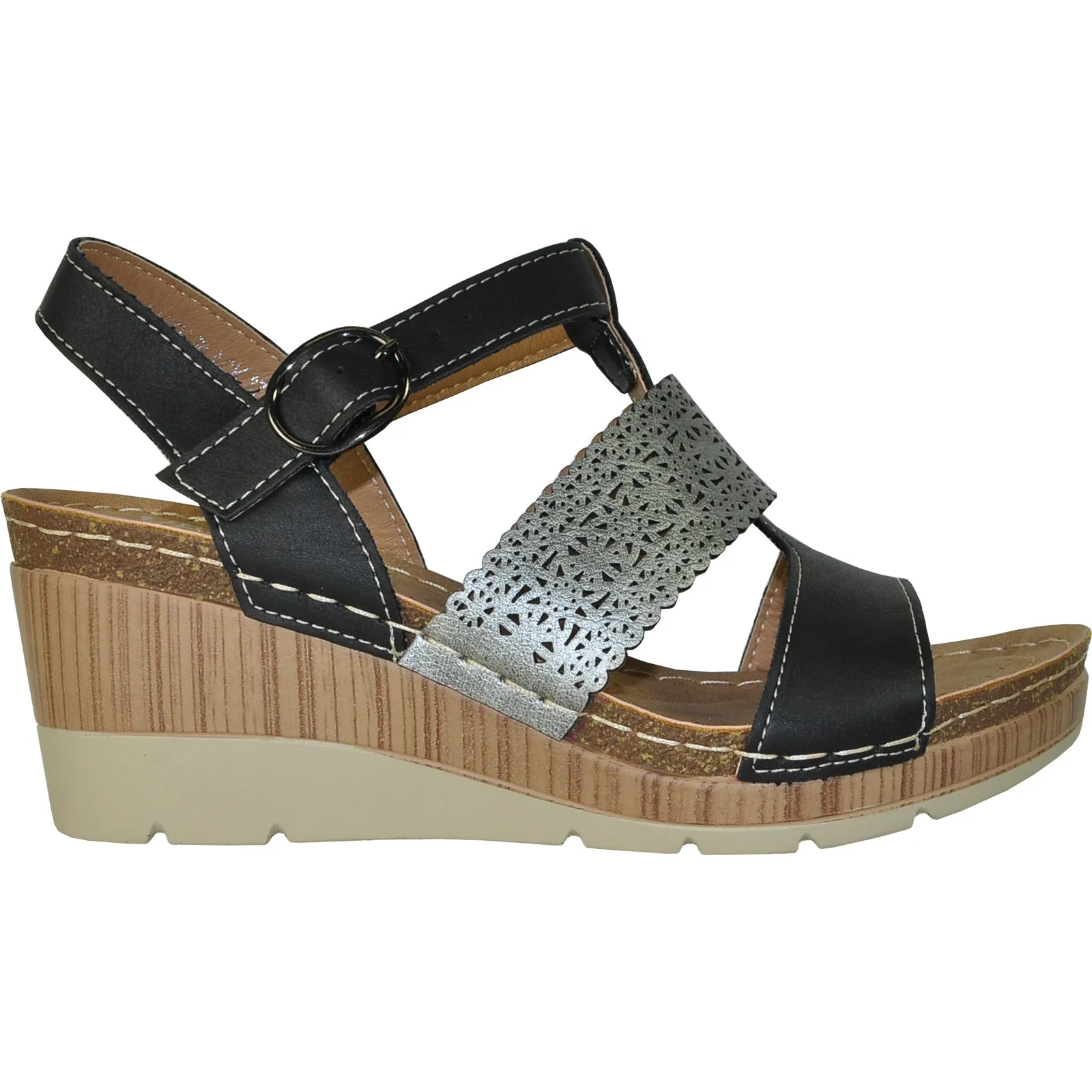 VANGELO Women Sandal FAITH Wedge Sandal Black Cute Sandals With Arch Support