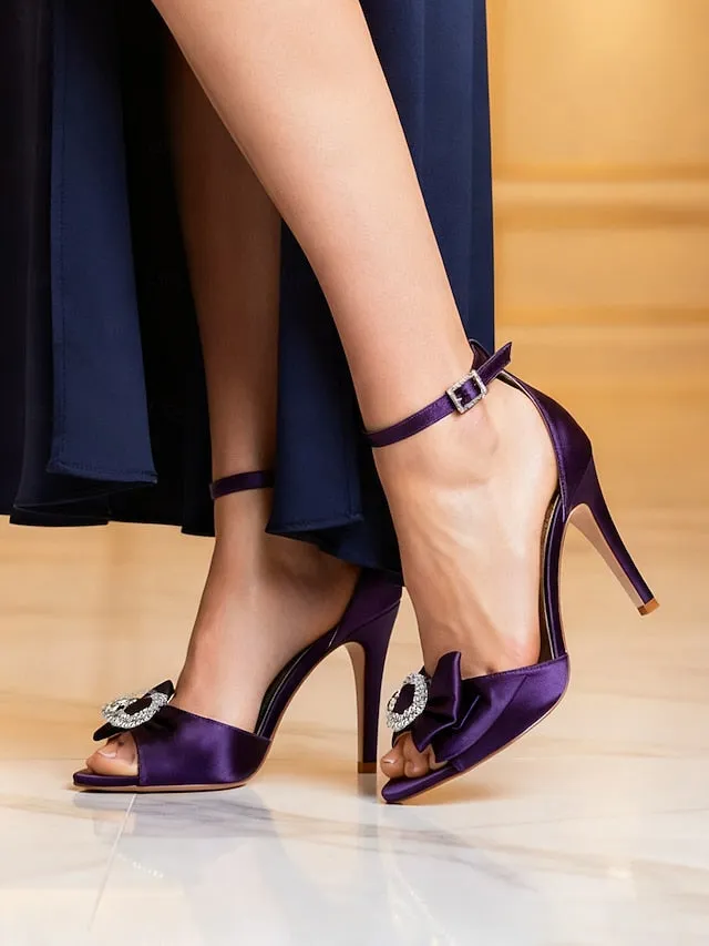 with Sandals Heel High Women's Rhinestone Purple Satin