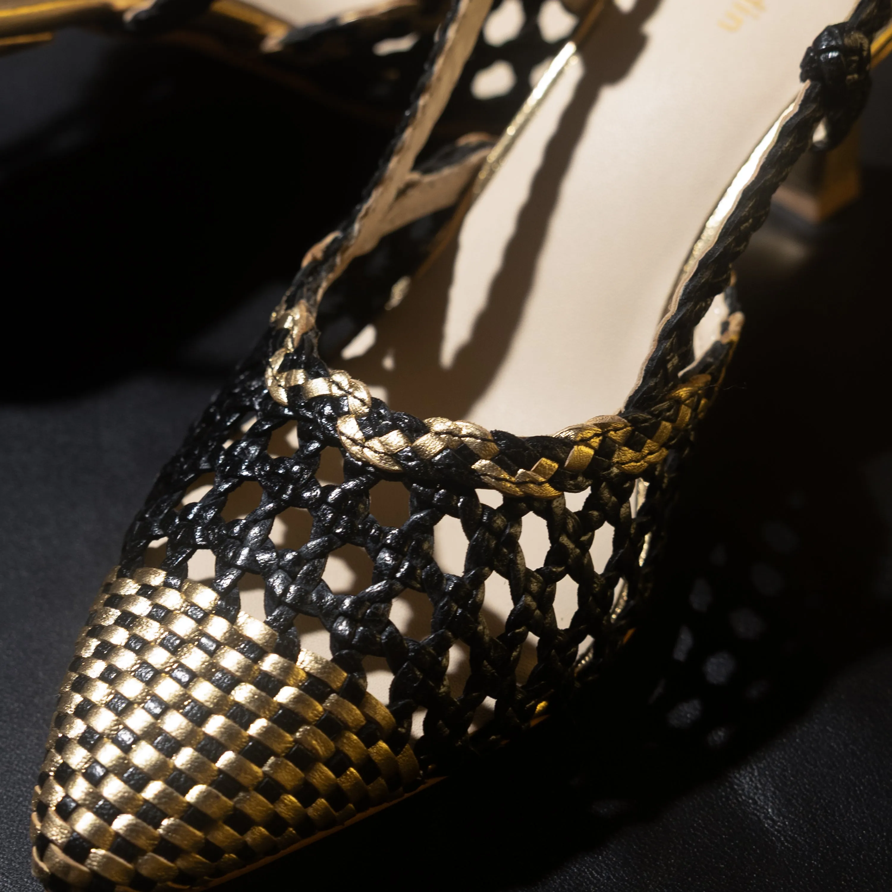 Navy Blue Dress Shoes Prague Ebony-Gold Leather Slingback