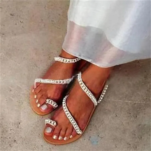 Elegant Pearl-Embellished  Sandals Strappy Women's Flat