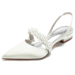 Metal Tipped Dress Shoes White Dress Pearl Women's Satin with Elegant Shoes