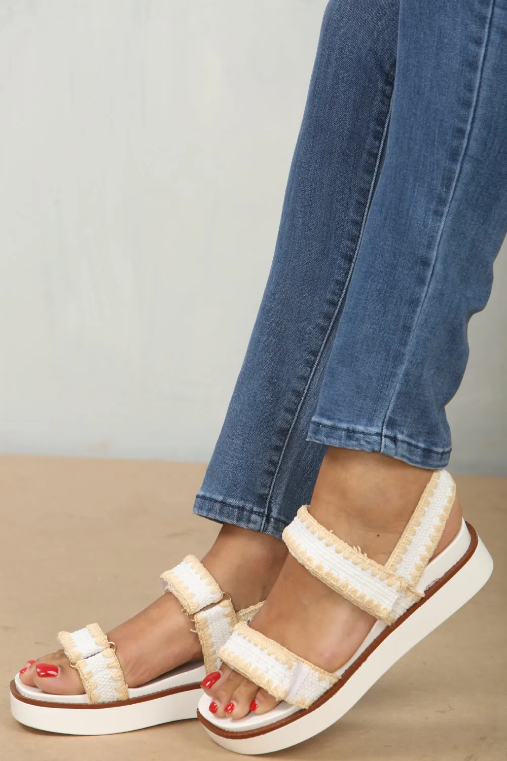 White Raffia Flatform Strap Sandals (PACK B) Slide Comfort Sandals