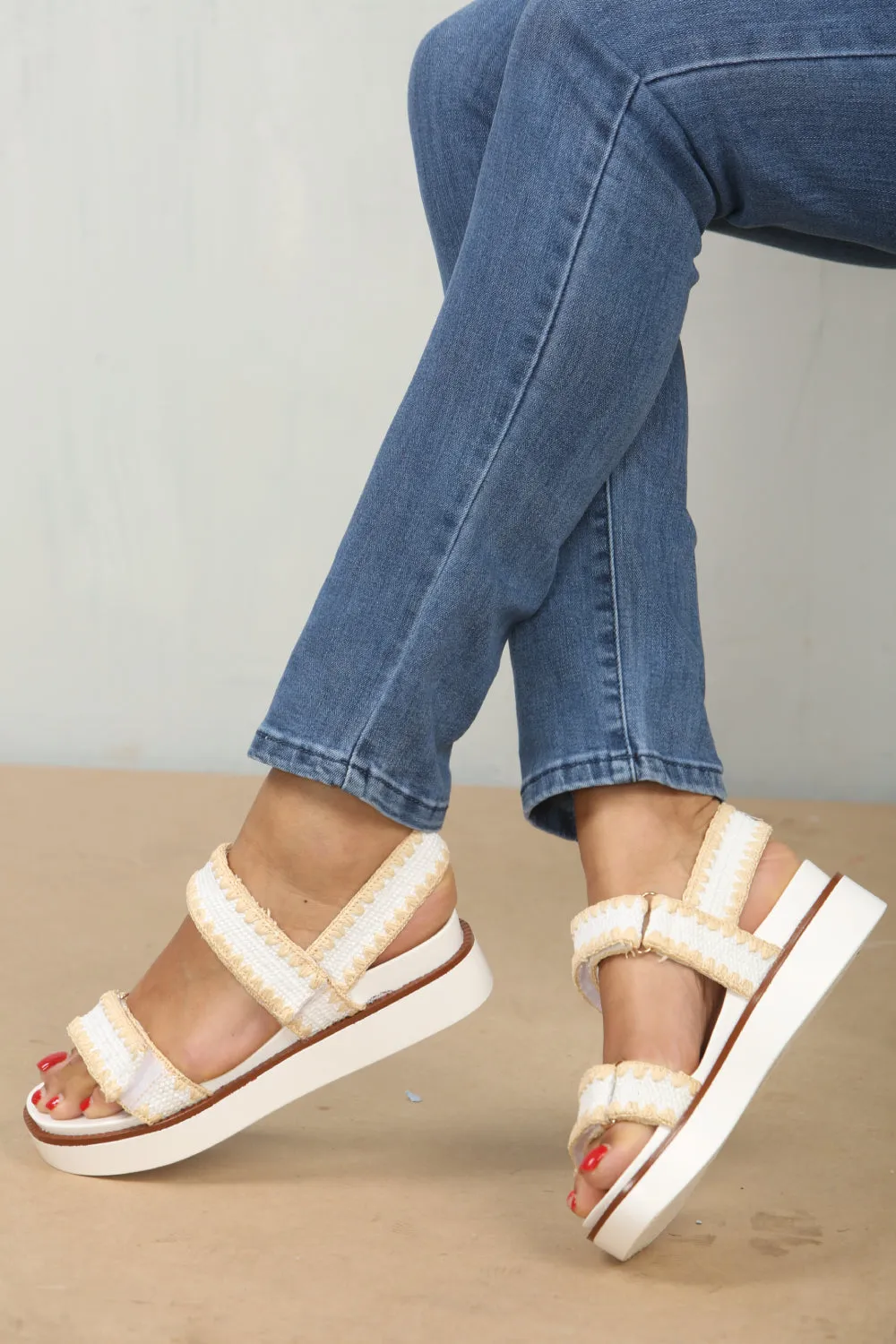White Raffia Flatform Strap Sandals (PACK B) Sas Sandals On Sale
