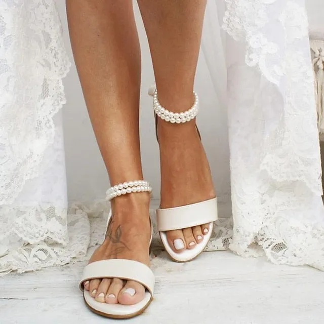 with Ankle Sandals Strap Flat Women's Pearl White  C