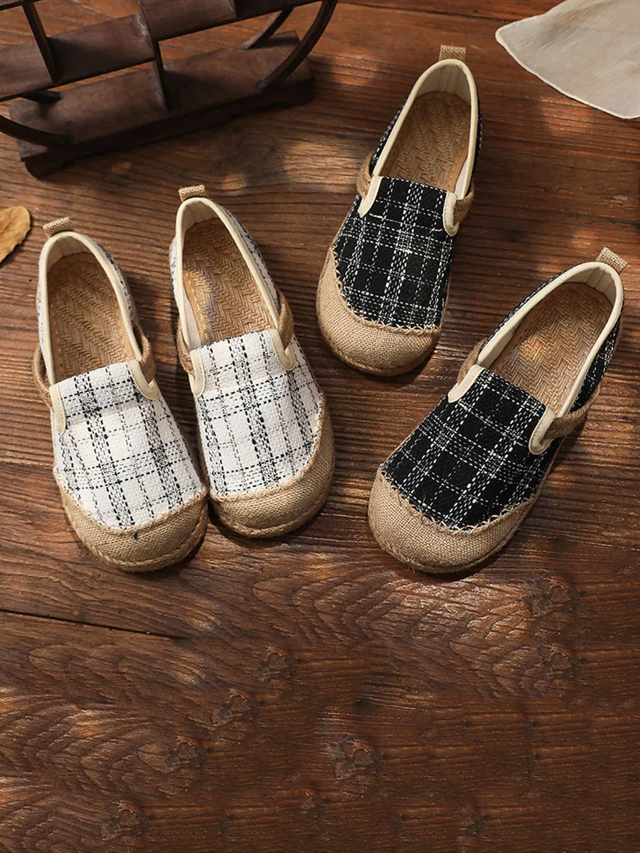 Open Heel Flat Shoes Women Artsy Summer Plaid Linen Spliced Flat Shoes RR007