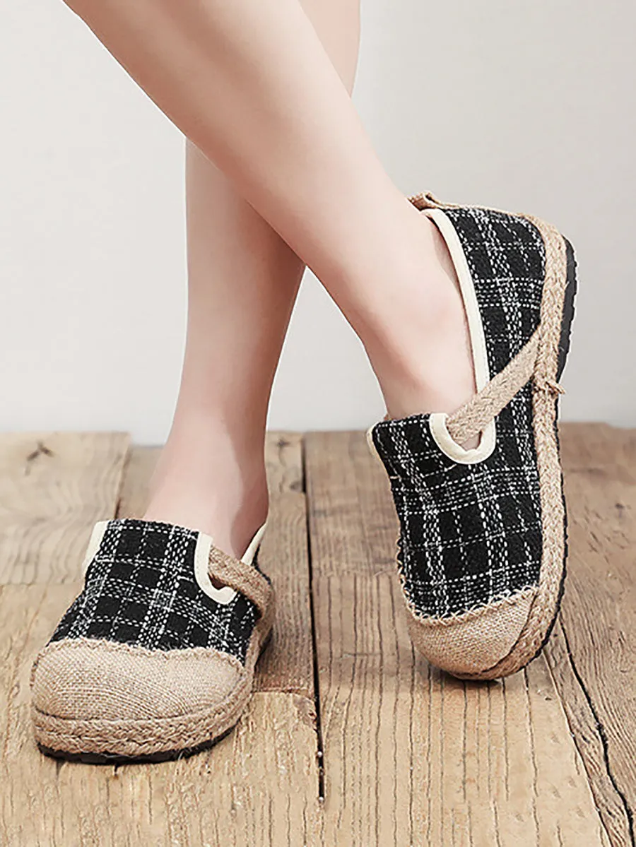 Flat Date Night Shoes Women Artsy Summer Plaid Linen Spliced Flat Shoes RR007