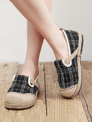 Women Artsy Summer Plaid Linen Spliced Flat Shoes RR007 Flat Cream Wedding Shoes