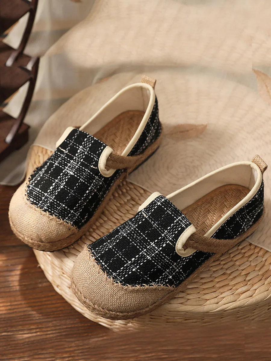 Women Artsy Summer Plaid Linen Spliced Flat Shoes RR007 Patterned Flat Shoes