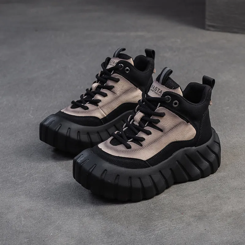 Women Fashion Leather Casual High-Top Platform Sneakers Knee High Leather Heel Boots