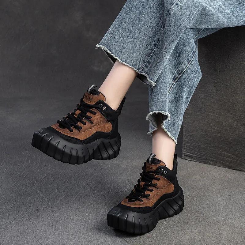 Thigh Boots Chunky Heel Women Fashion Leather Casual High-Top Platform Sneakers