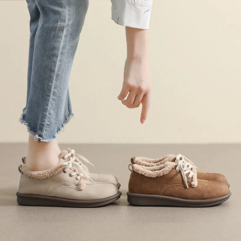 Women Retro Leather Furred Flat Casual Shoes Ballet Shoes For Flat Feet