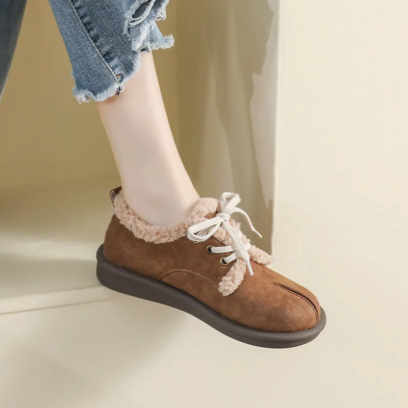 Flat Shoes Size 6 Women Retro Leather Furred Flat Casual Shoes