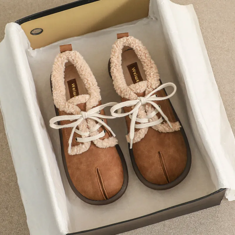 Women Retro Leather Furred Flat Casual Shoes Waterproof Mountain Bike Shoes For Flat Pedals