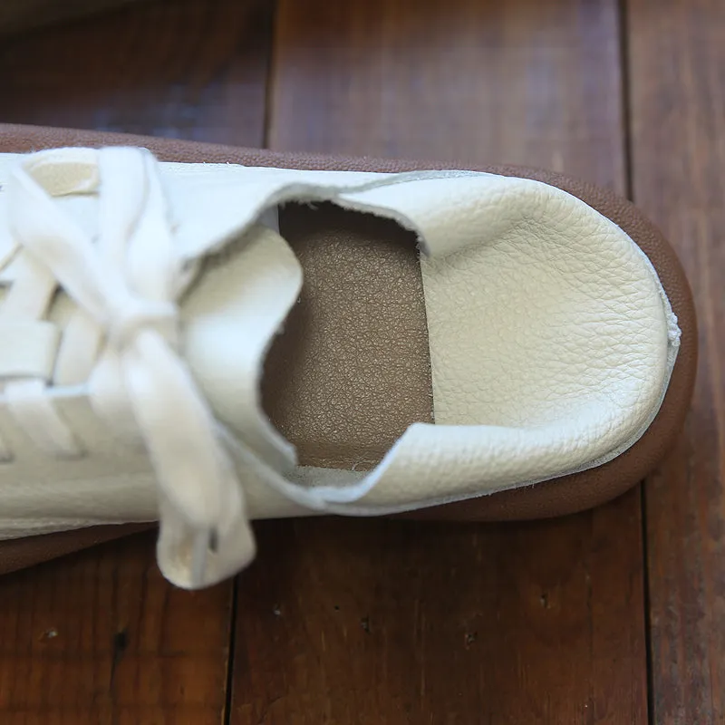 Flat Shoes Crystals Women Retro Round Head Cowhide Soft Flat Casual Shoes