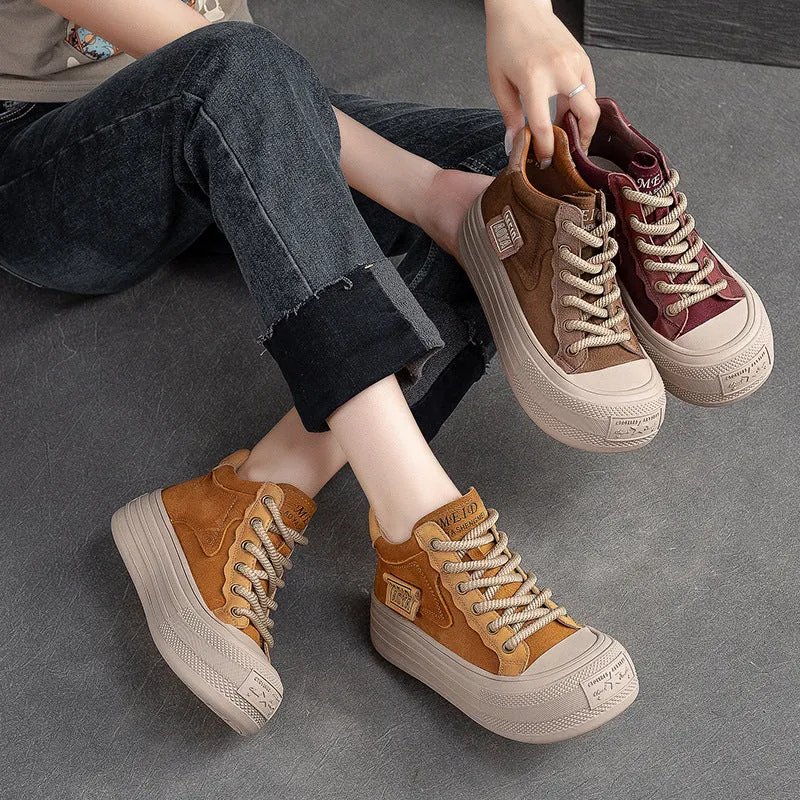 Block High Heel Shoes Women Stylish Fashion Leather High Top Casual Shoes