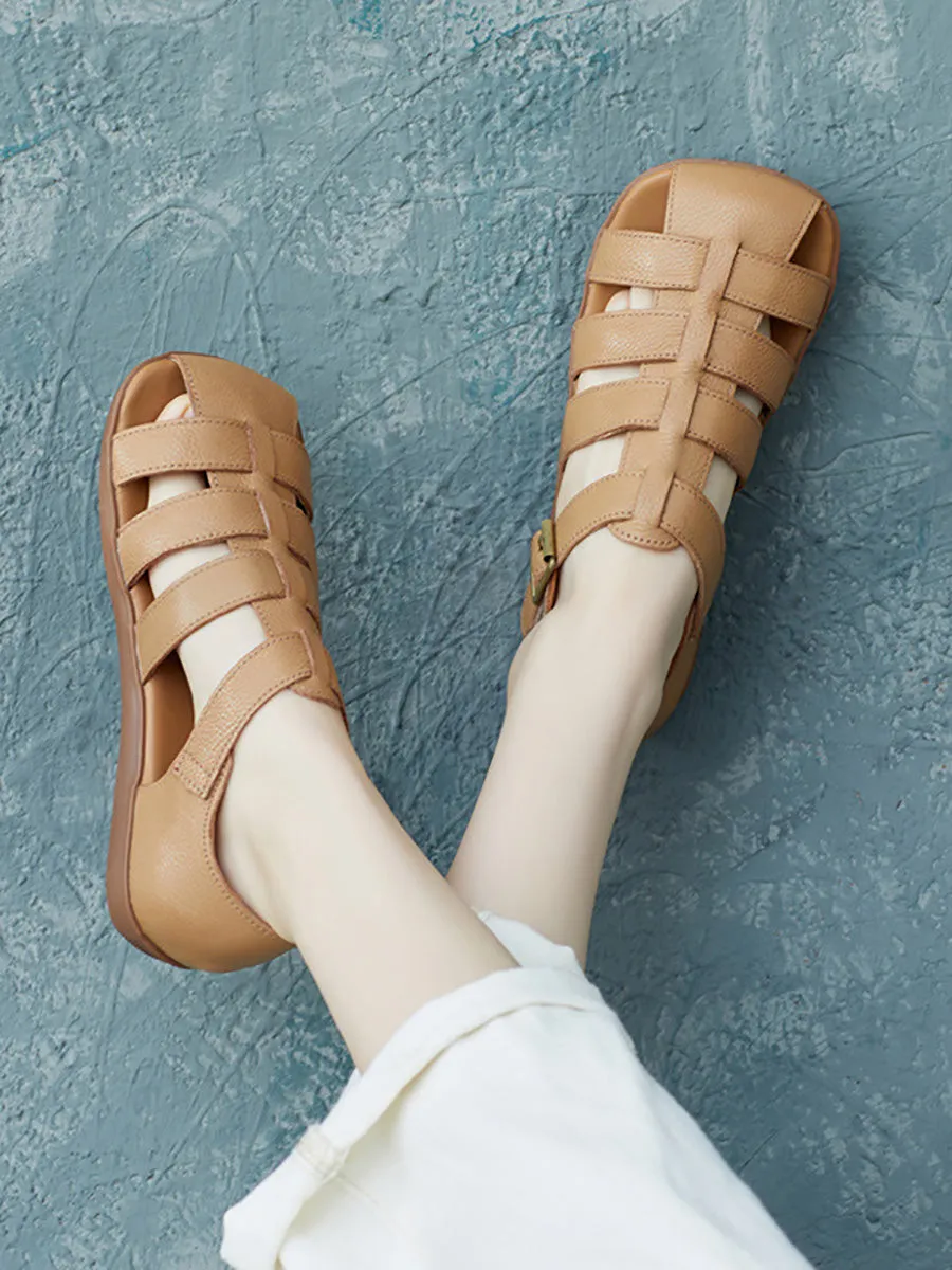 Women Summer Casual Solid Leather Spliced Flat Shoes FD036 Running Shoes Good For Flat Feet