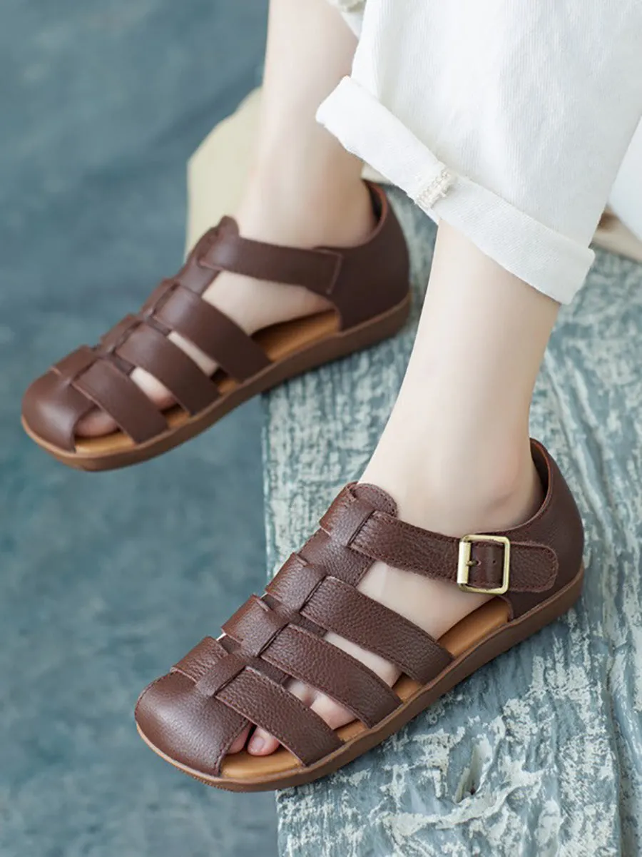 Women Summer Casual Solid Leather Spliced Flat Shoes FD036 Wide Flat Bottom Mtb Lace Shoe