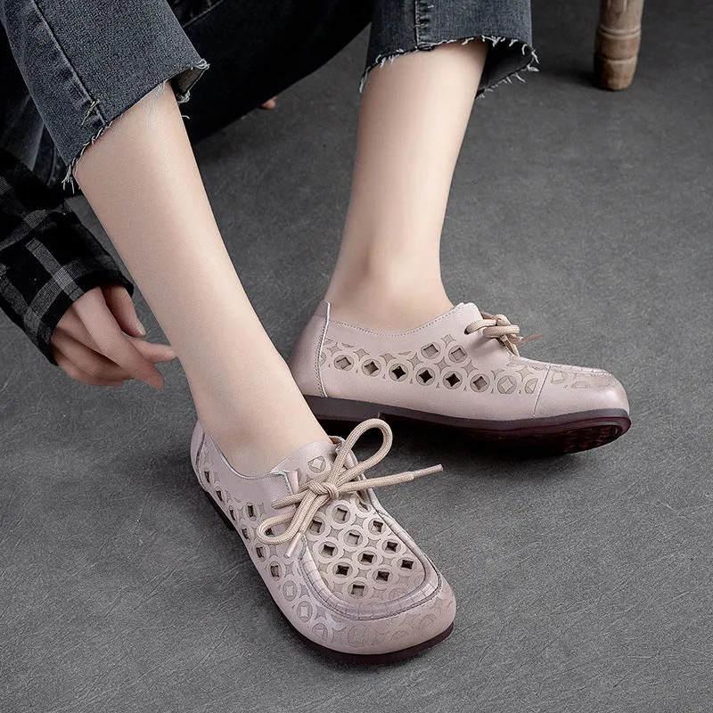 Dress Shoes For Flat Footed Women Summer Hollow Soft Leather Flat Casual Shoes