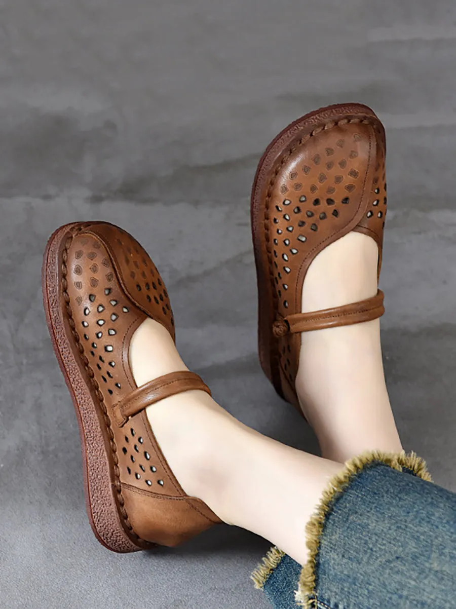 Women Summer Leather Solid Cutout Leather Flat Shoes OO1018 Flat Shoes Wide Width