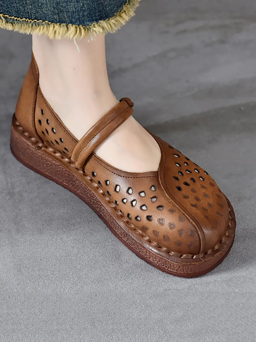 Women Summer Leather Solid Cutout Leather Flat Shoes OO1018 Stability Running Shoes For Flat Feet