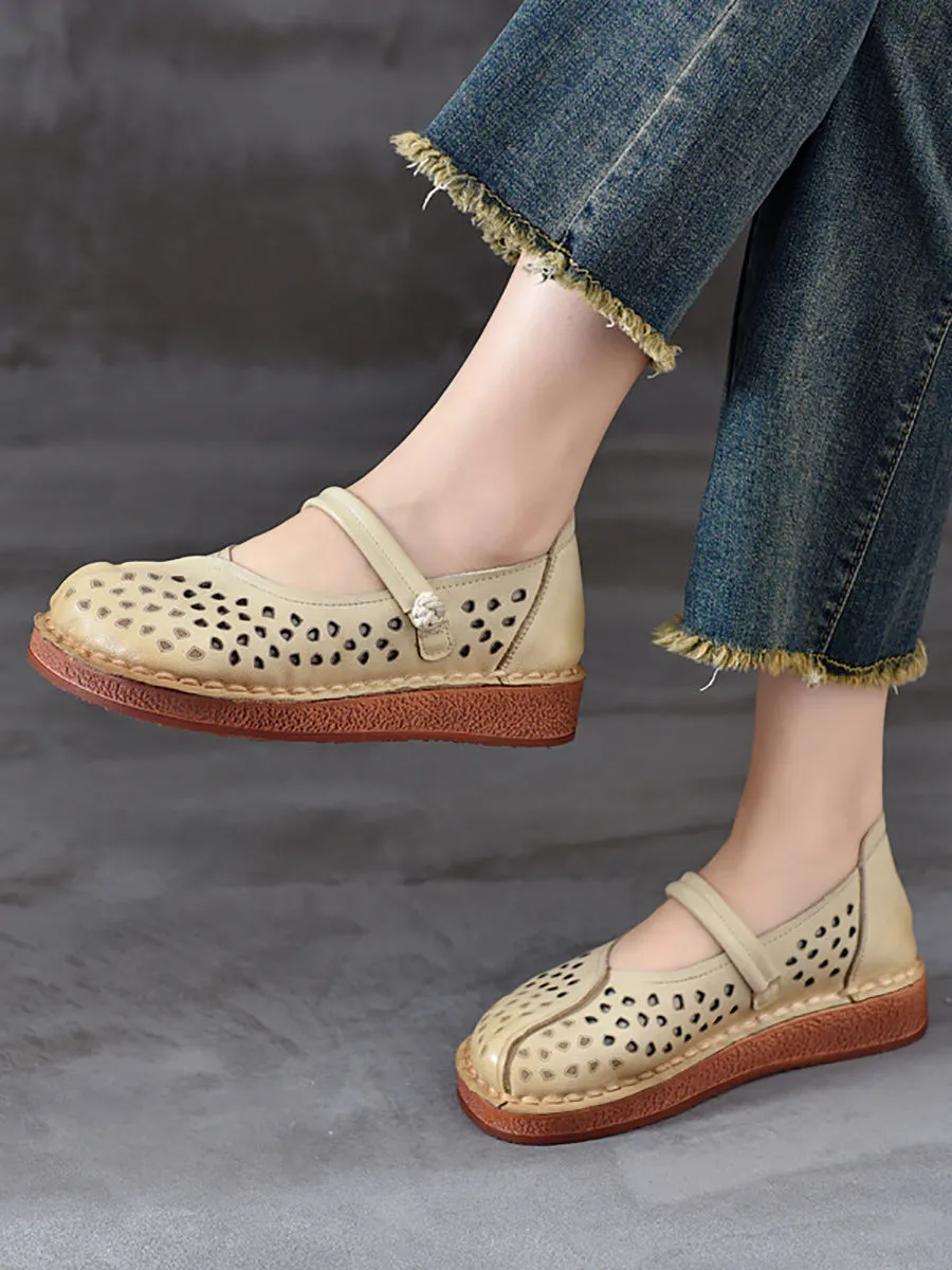 Women Summer Leather Solid Cutout Leather Flat Shoes OO1018 Naturalizer Flat Shoes