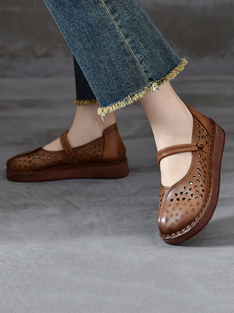 Flat Shoes Simple Women Summer Leather Solid Cutout Leather Flat Shoes OO1018