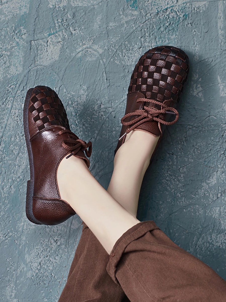 Women Autumn Vintage Soft Leather Waeve Flat Shoes AT1029 Feminine Flat Shoes