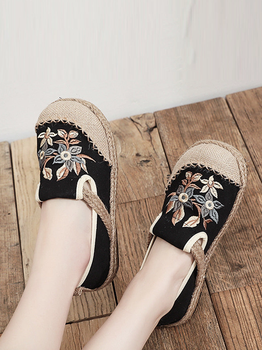 Chinese Flats Shoes Women Ethnic Flower Embroidery Linen Cotton Flat Shoes AH1062