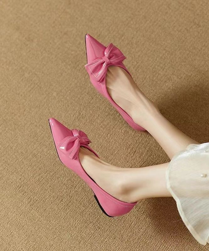 Women Splicing Bow Flat Shoes Rose Faux Leather Pointed Toe QK034 Calf Pain After Wearing Flat Shoes