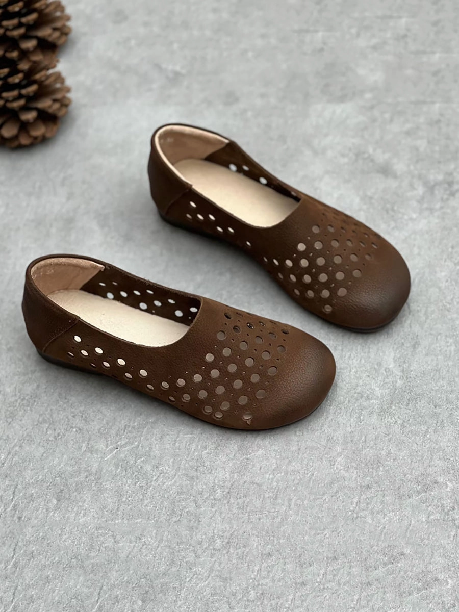 Women Summer Geniune Leather Hollow Out Flat Shoes HH025 Almond Toe Flat Shoes
