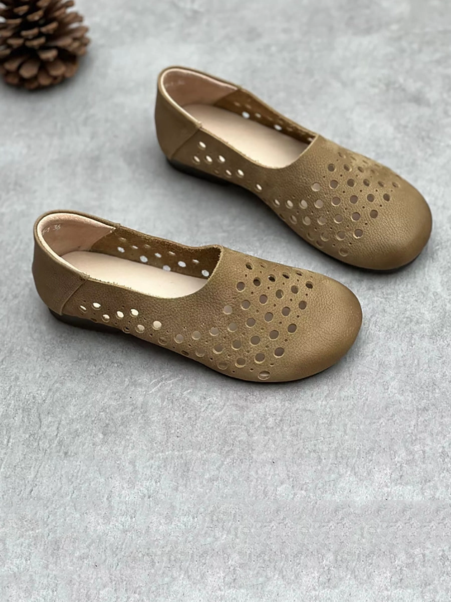 Elastic Flats Shoes Women Summer Geniune Leather Hollow Out Flat Shoes HH025